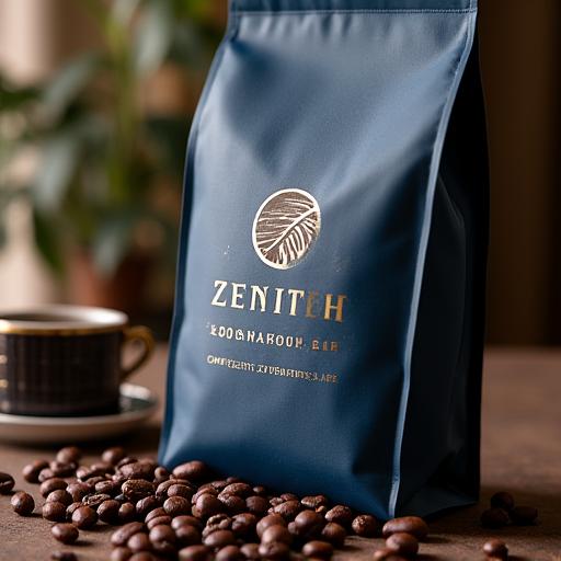 Brand identity for Zenith Coffee Roasters, including a logo on a coffee bag.