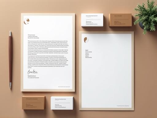 A collection of branded materials including business cards and letterheads.