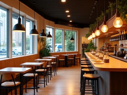 A beautifully styled modern cafe interior with custom furniture.
